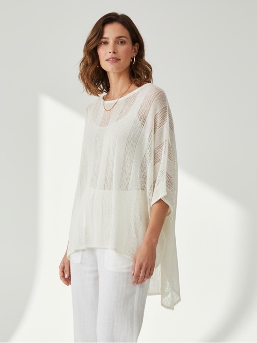Beige Cream Sheer Vertical Knit Tunic Top Oversized Romeo & Juliet High Low S